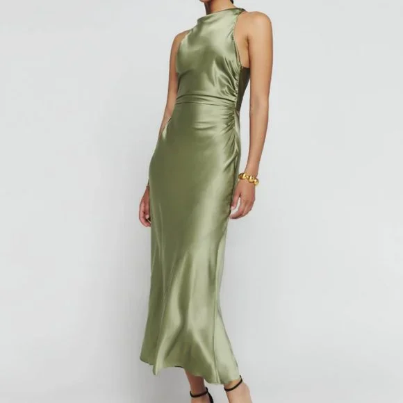Reformation Casette Silk Dress, Artichoke 8, Occasion Wedding - Picture 2 of 9